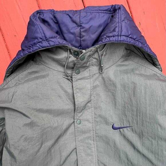 Vintage Nike Swoosh Split Hooded Long Puffer Jacket Parka Coat Green Navy L 90s - Picture 6 of 15